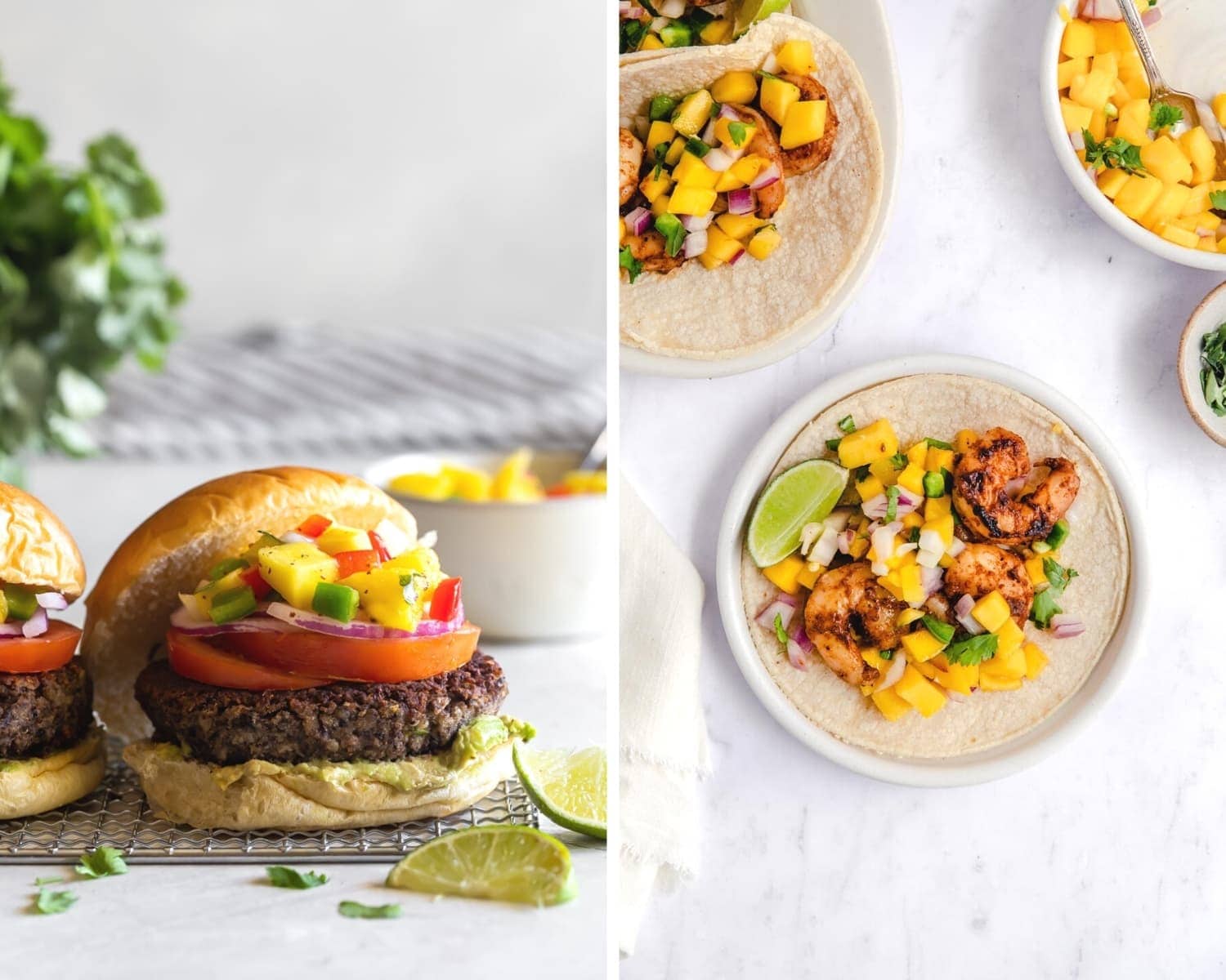 mango salsa on top of black bean burgers and jerk shrimp tacos