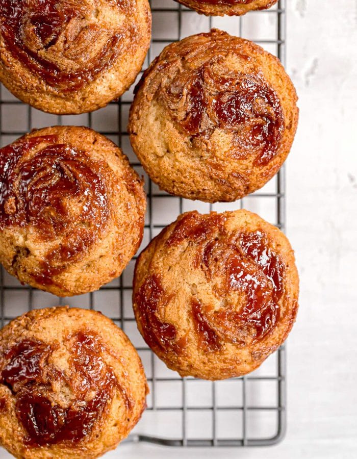 shot of muffins swirled with almond butter and guava jelly on top