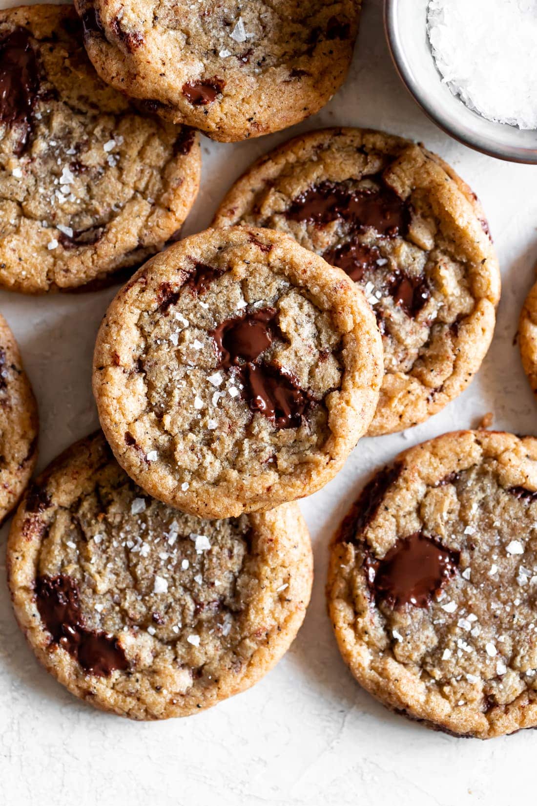 chocolate chip cookies made with brown butter, espresso powder, and chopped dark chocolate