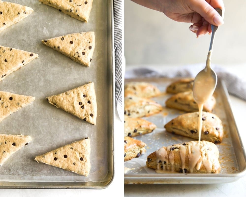 chai chocolate chip scone with espresso glaze on a baking sheet before baking and with drizzle of espresso icing on top