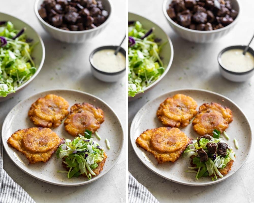 collage of plantains with mashed avocado and carne asada
