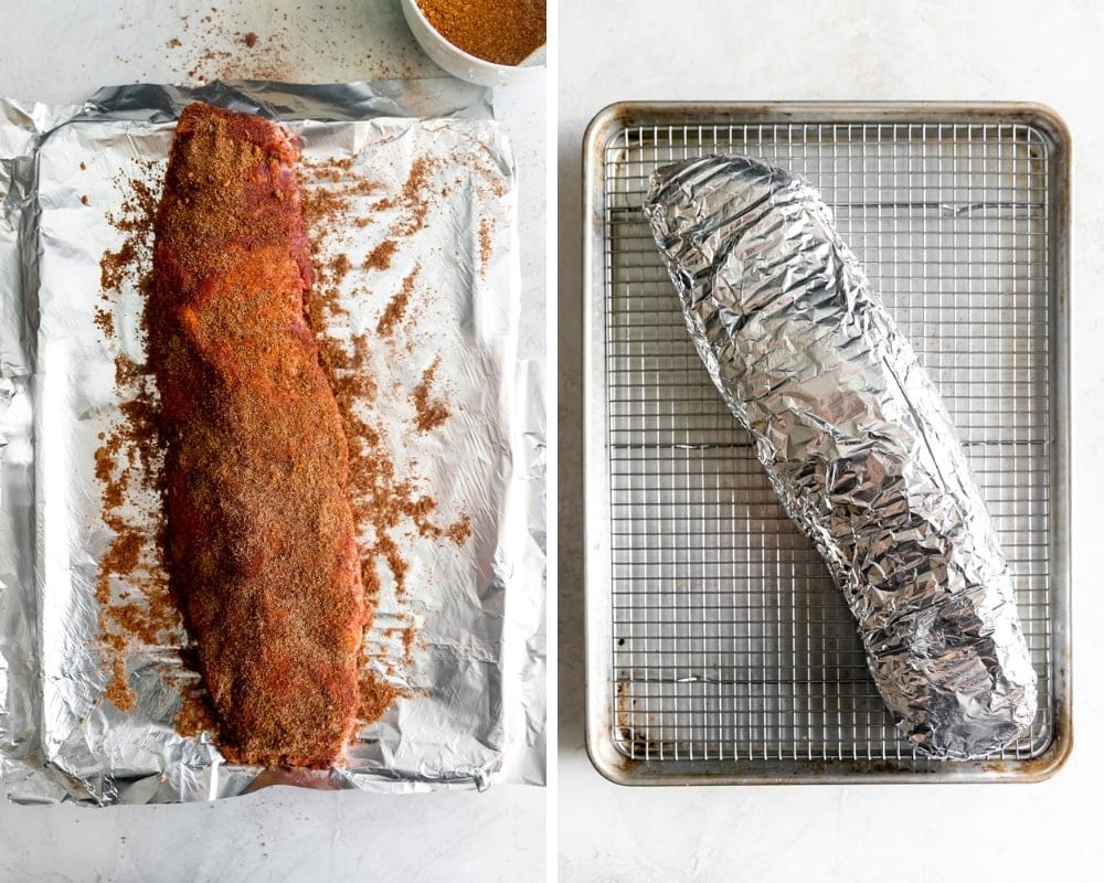 baby back ribs with dry rub and wrapped in aluminum foil before baking in the oven
