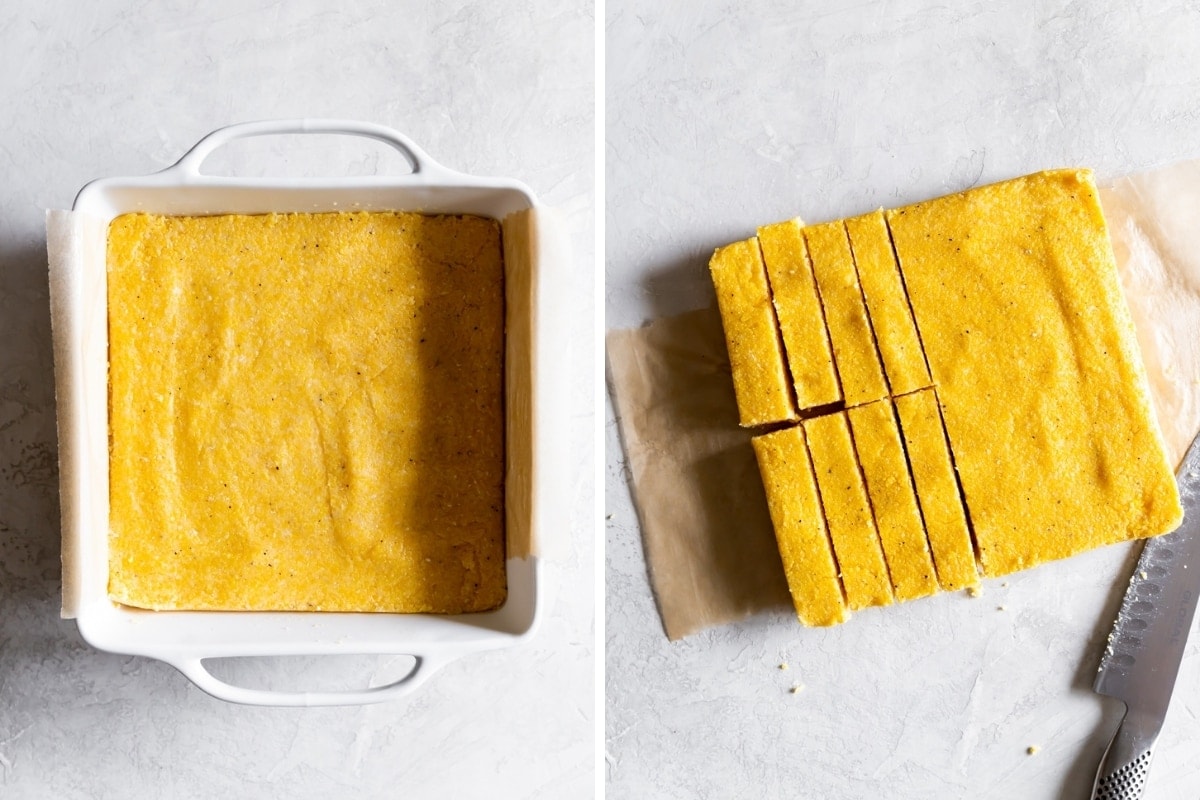 polenta inside a baking dish then cut into fries