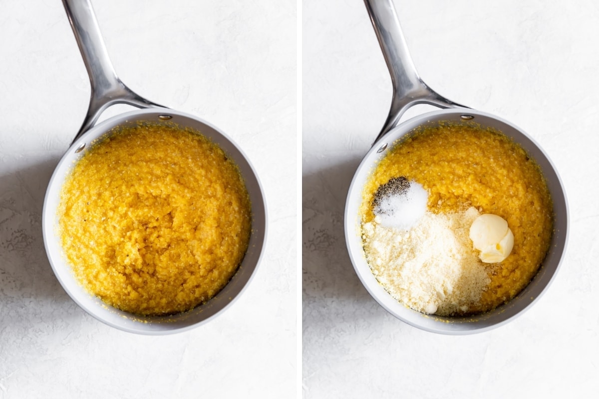 saucepan with polenta, parmesan cheese, butter, salt, pepper, chicken stock