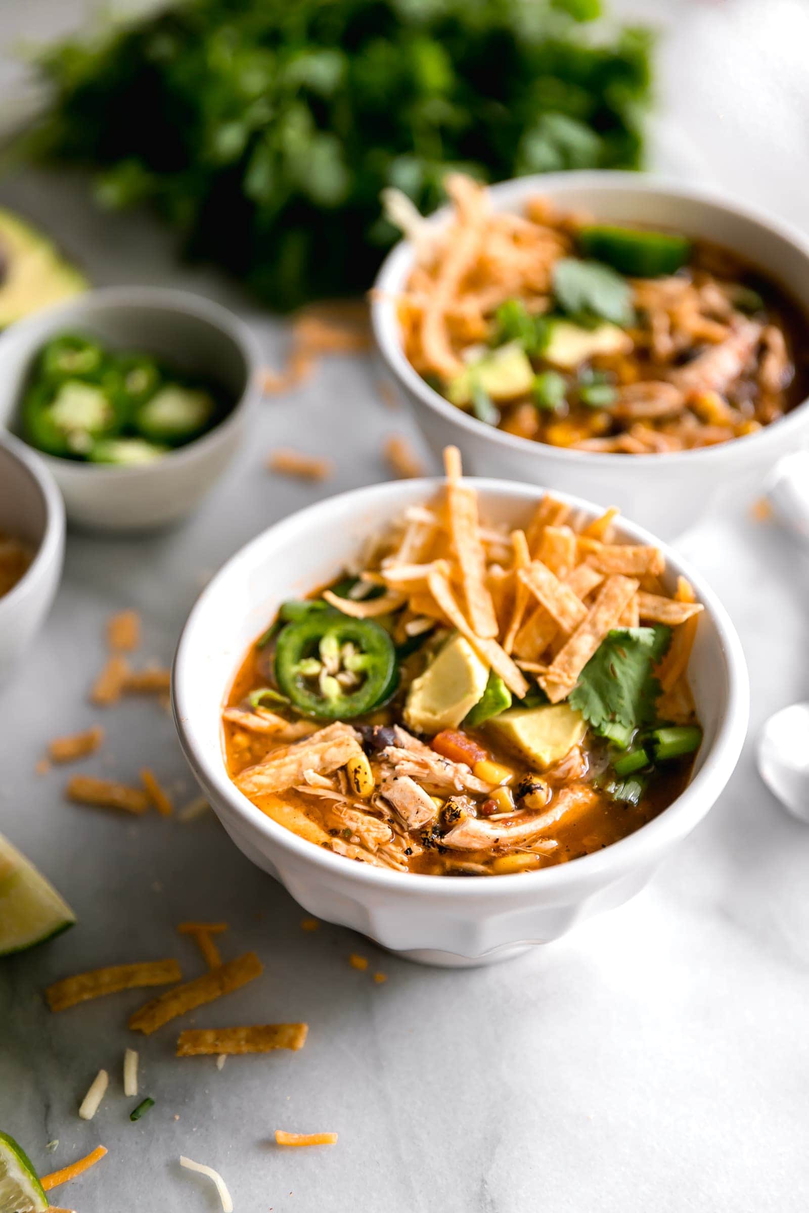 Chicken tortilla soup served with tortilla strips