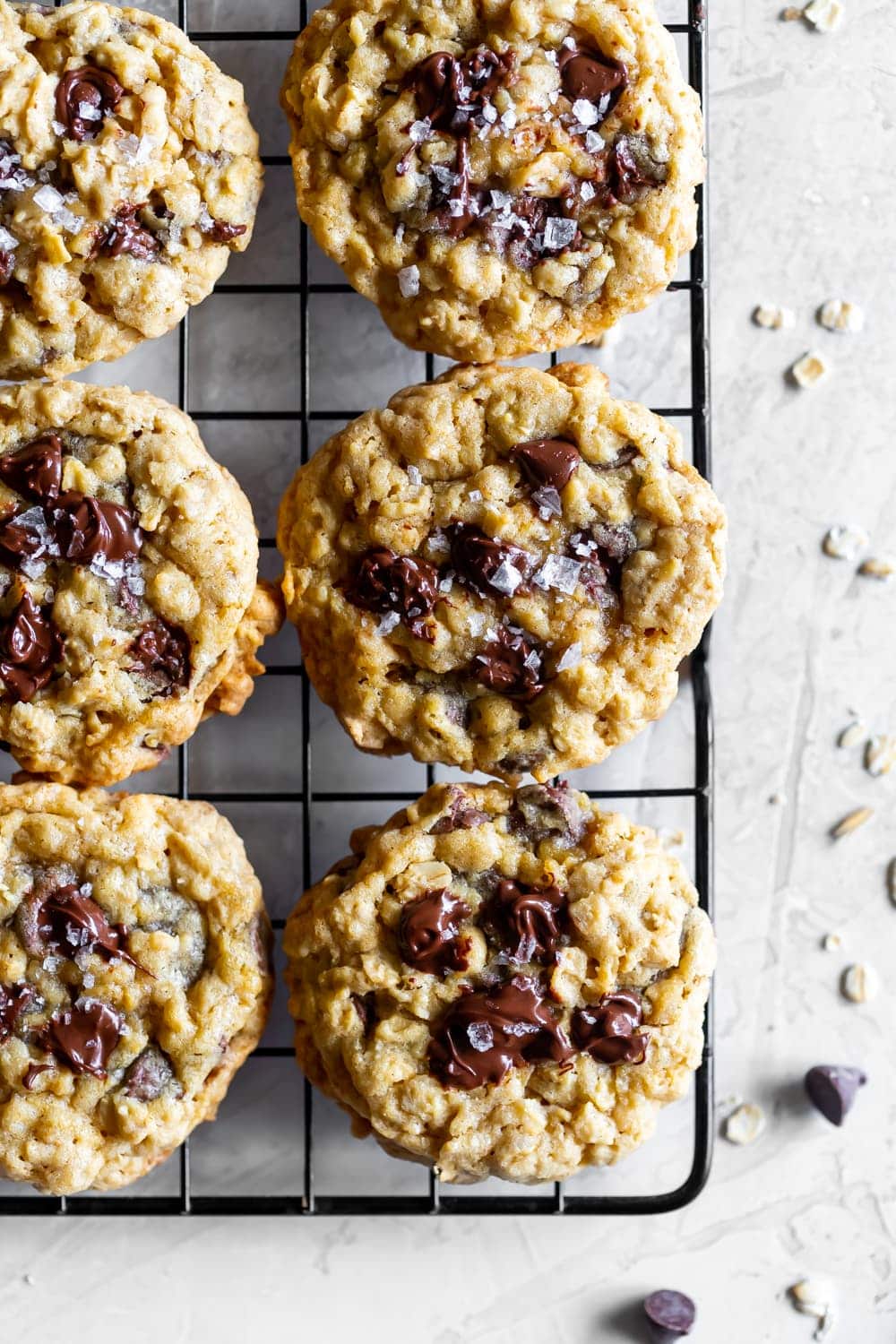 oatmeal chocolate chip cookies on a cooling rack