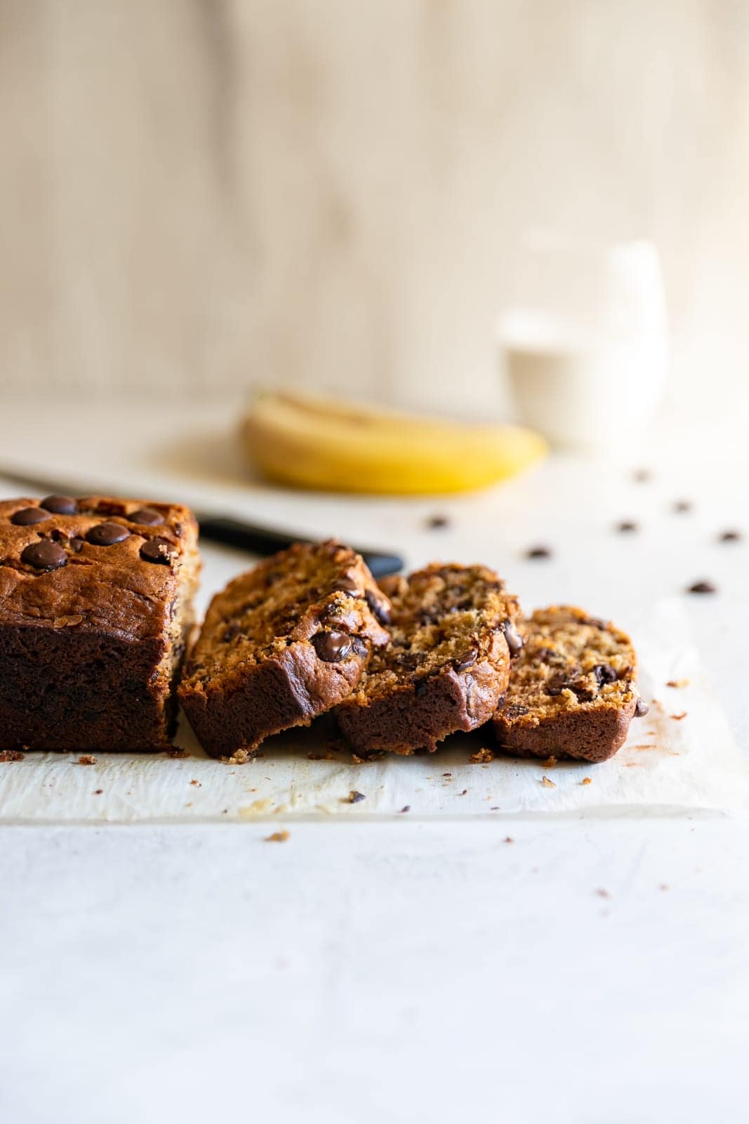 sliced moist chocolate chip banana bread