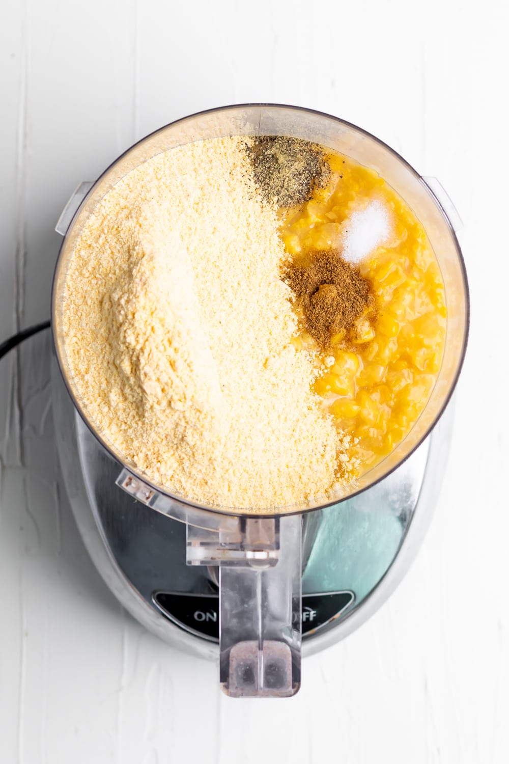corn puree before blending in a food processor (cornmeal, cream corn, cumin, salt and pepper)